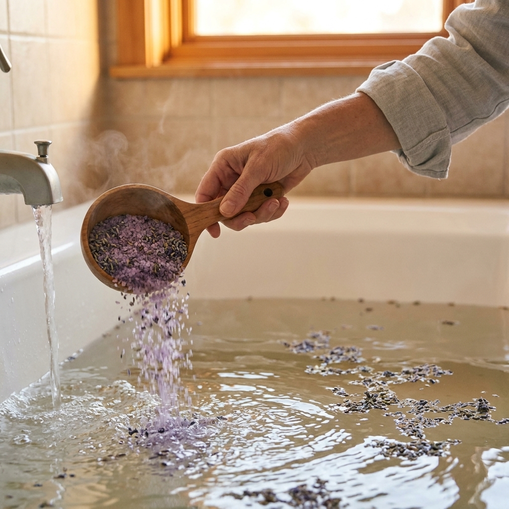 A hand pouring a scoop of herbal bath salts into a warm bath while water runs, with visible dried lavender buds floating near the surface