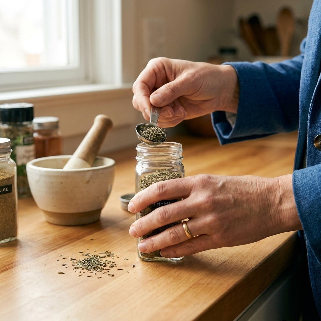 A hand using a small dry measuring spoon to scoop dried thyme from a glass jar on a countertop