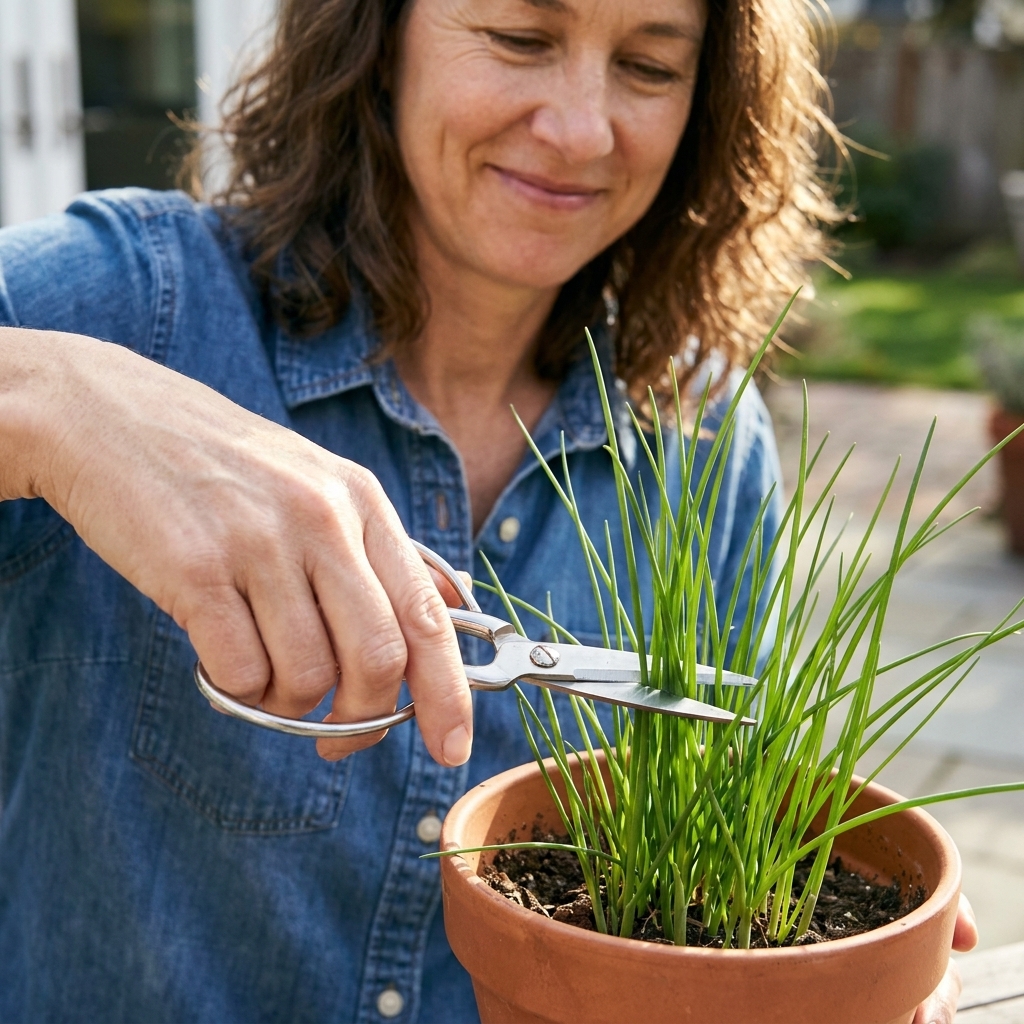 A hand using kitchen scissors to snip a small bundle of fresh chive leaves from an outdoor pot, leaving several inches of growth behind