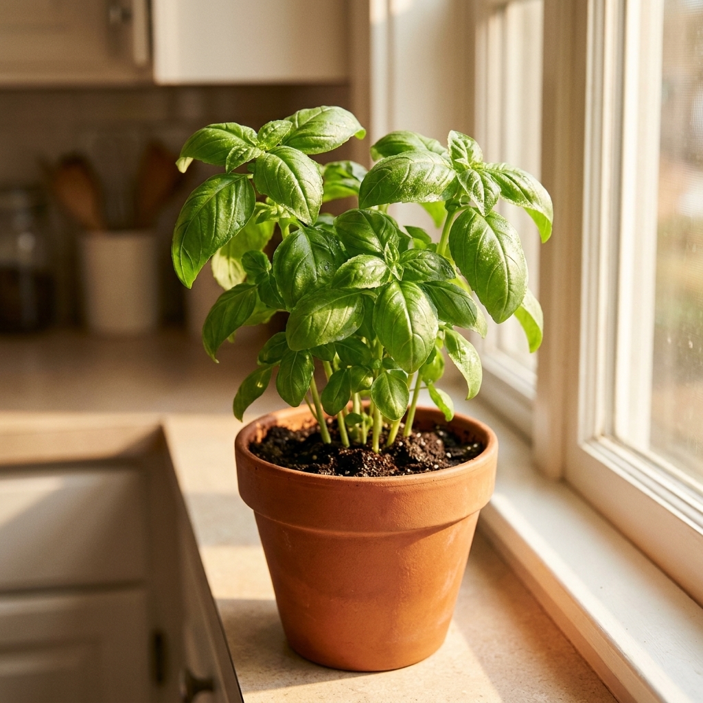 A healthy basil plant in a small pot on a bright kitchen windowsill, with slightly moist soil and fresh green leaves