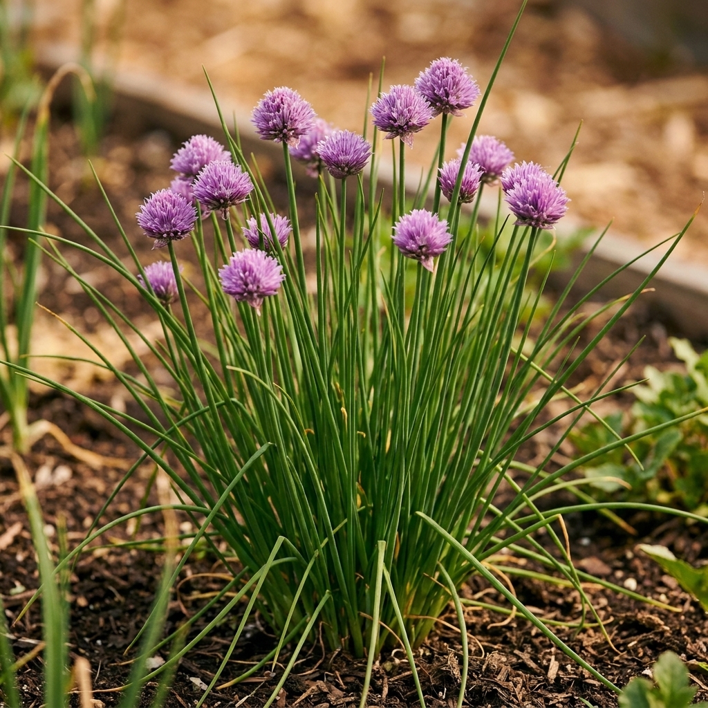A healthy clump of chives growing in a garden bed with tall green leaves and several round purple flower heads in bloom