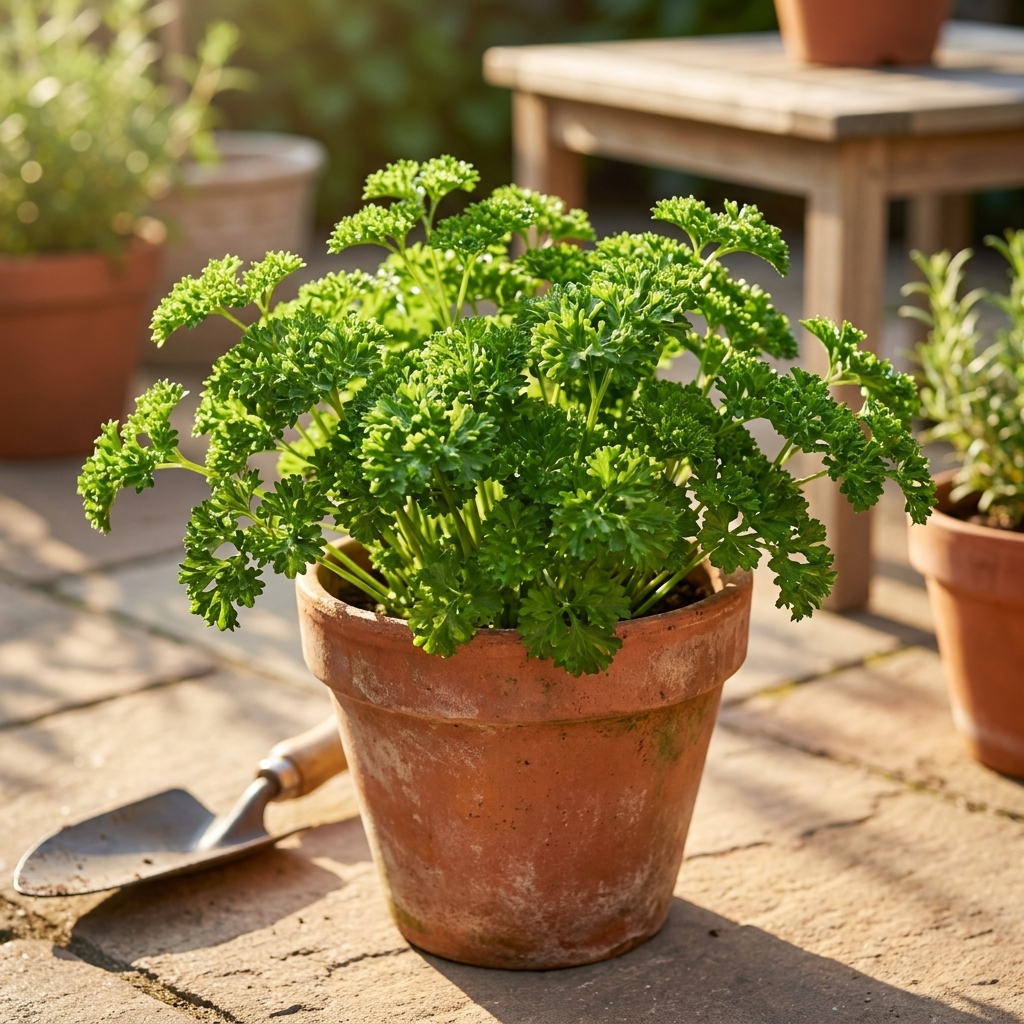 A healthy curly parsley plant growing in a terracotta pot on a sunny patio, with tightly ruffled bright green leaves