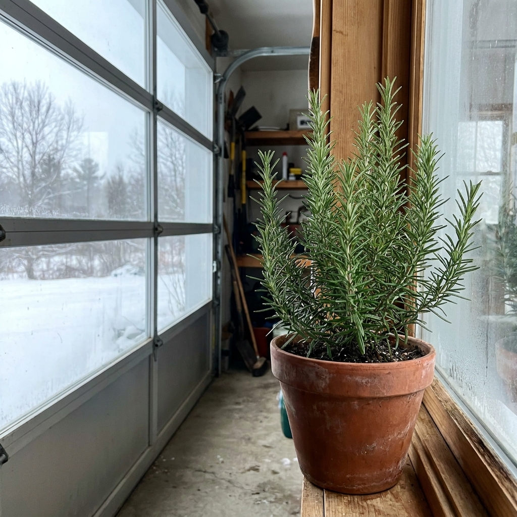 A healthy rosemary plant in a pot sitting near a garage window in winter, with cool natural light and no visible frost on the plant