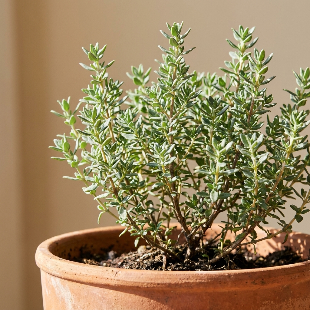A healthy upright culinary thyme plant growing in a terracotta pot, with dense gray-green leaves and woody stems beginning at the base in bright natural sunlight