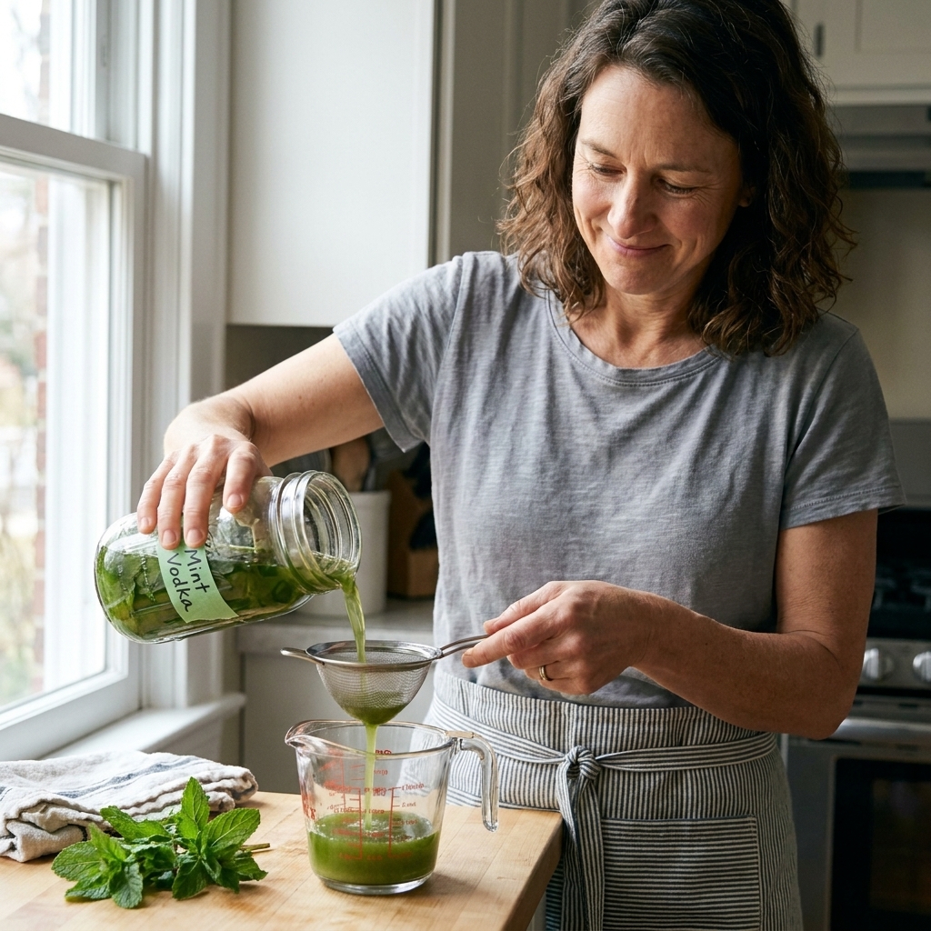 A home cook pouring a jar of mint-infused vodka through a fine mesh strainer into a glass measuring cup on a kitchen counter