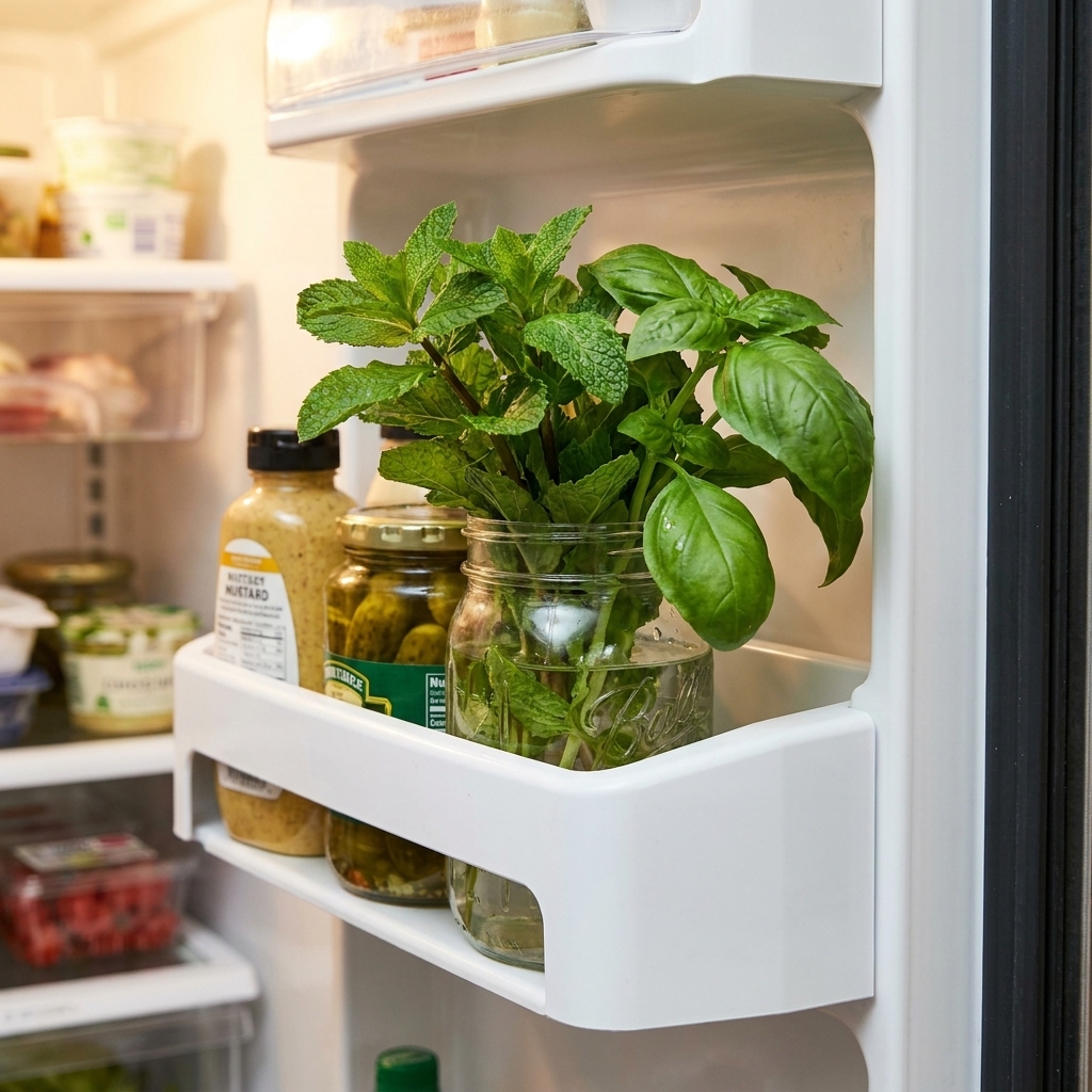 A jar of fresh mint and basil sprigs stored upright in a refrigerator door shelf
