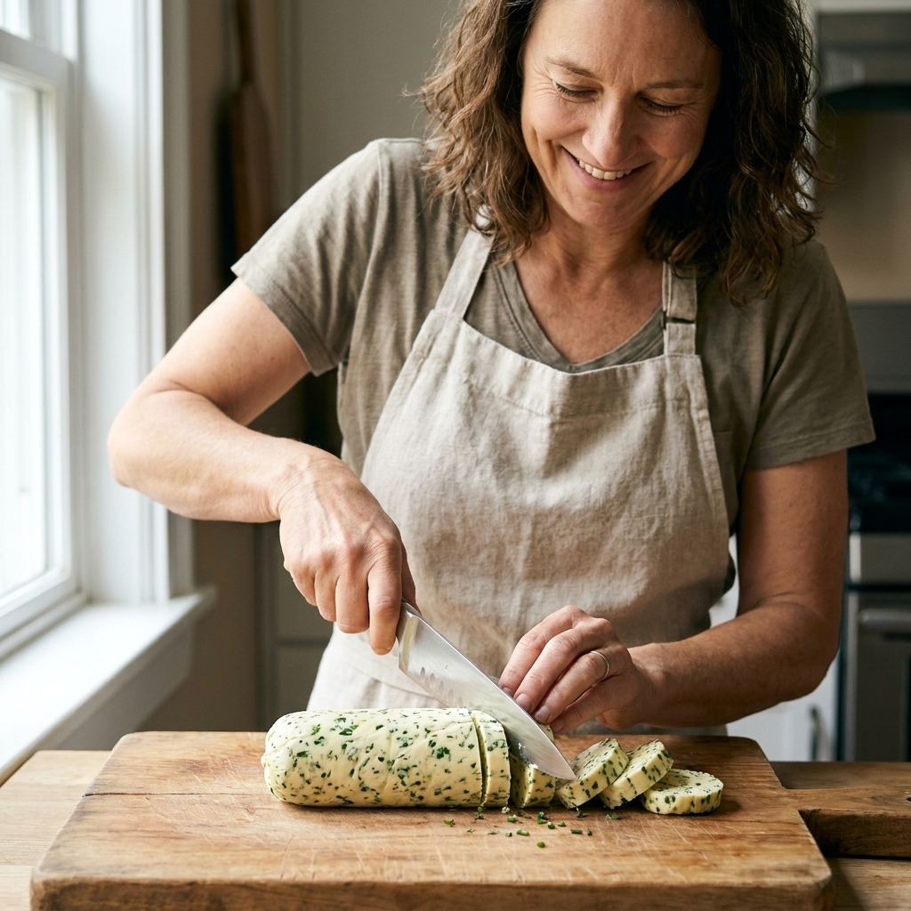 A log of herb compound butter on a wooden cutting board, with a knife slicing neat coins and flecks of green herbs visible throughout