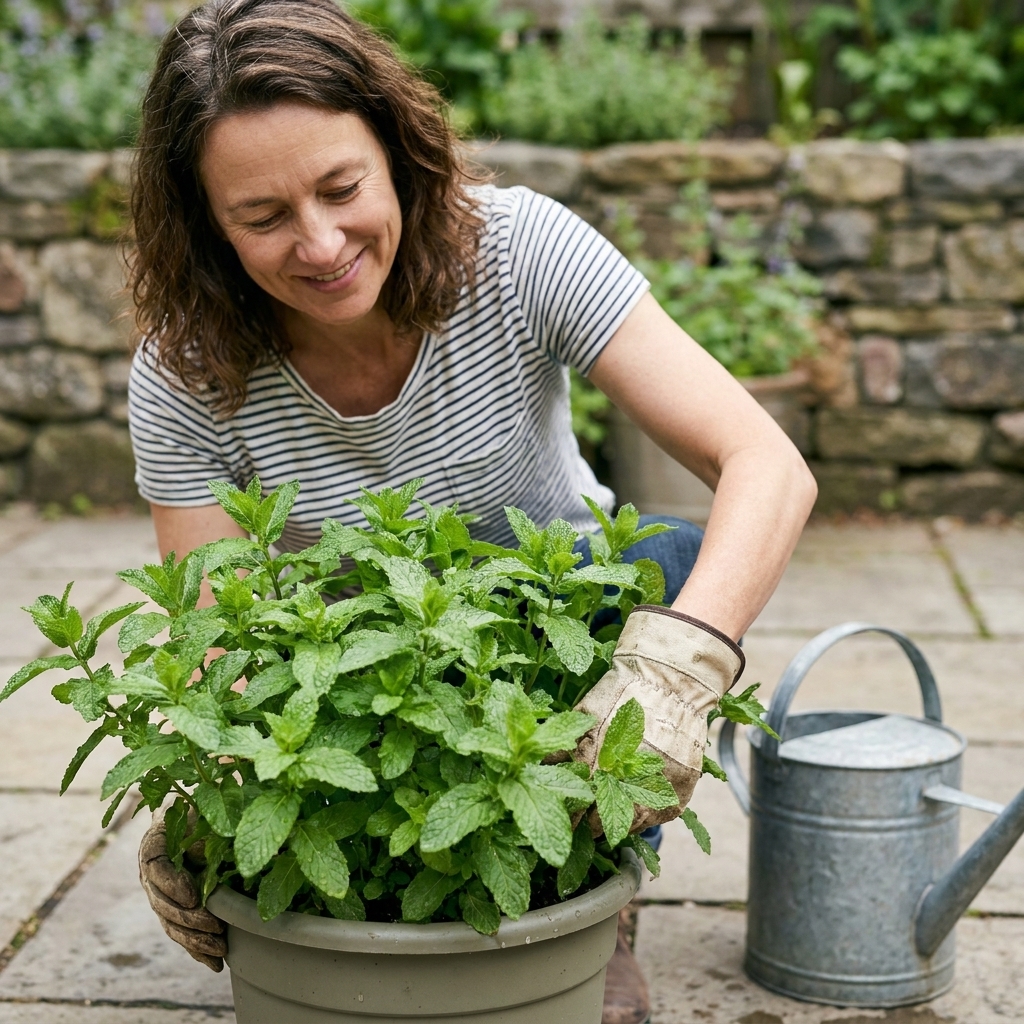 A nursery pot filled with lush mint sitting on a stone patio near a watering can, with bright green leaves in sharp focus