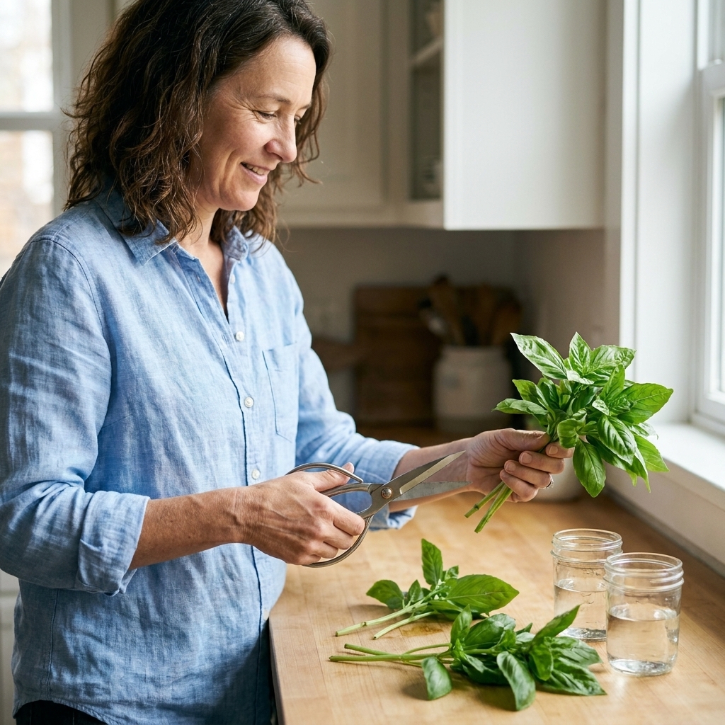 A pair of clean kitchen scissors, a handful of basil stems, and two small jars on a countertop ready for propagation