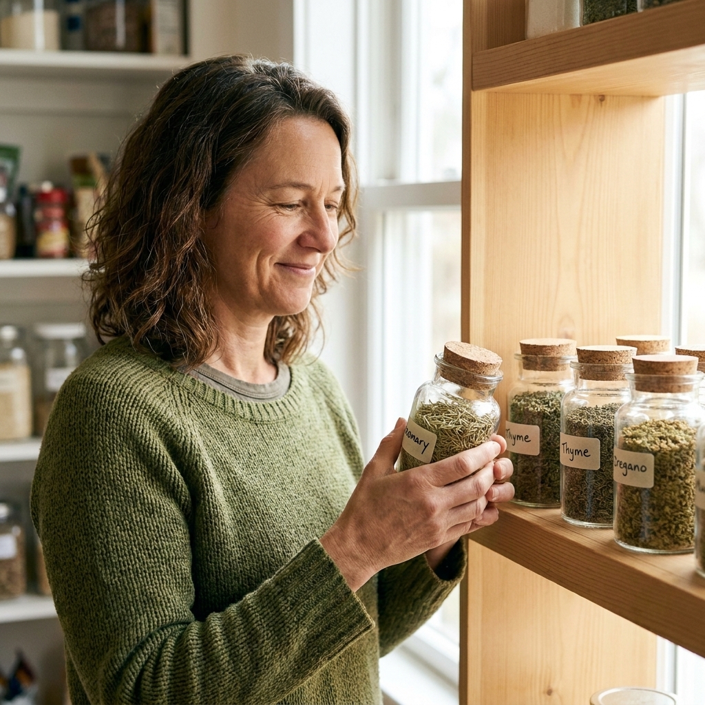 A pantry shelf with several small glass jars filled with dried rosemary, thyme, and crumbled oregano, lit by soft natural light