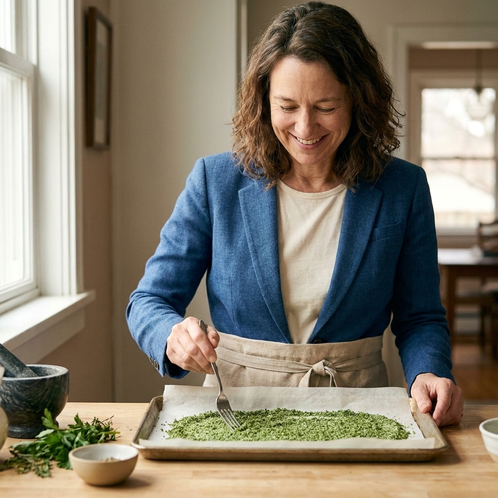 A parchment-lined baking sheet holding a thin layer of green herb salt drying in a home kitchen with a fork nearby for stirring