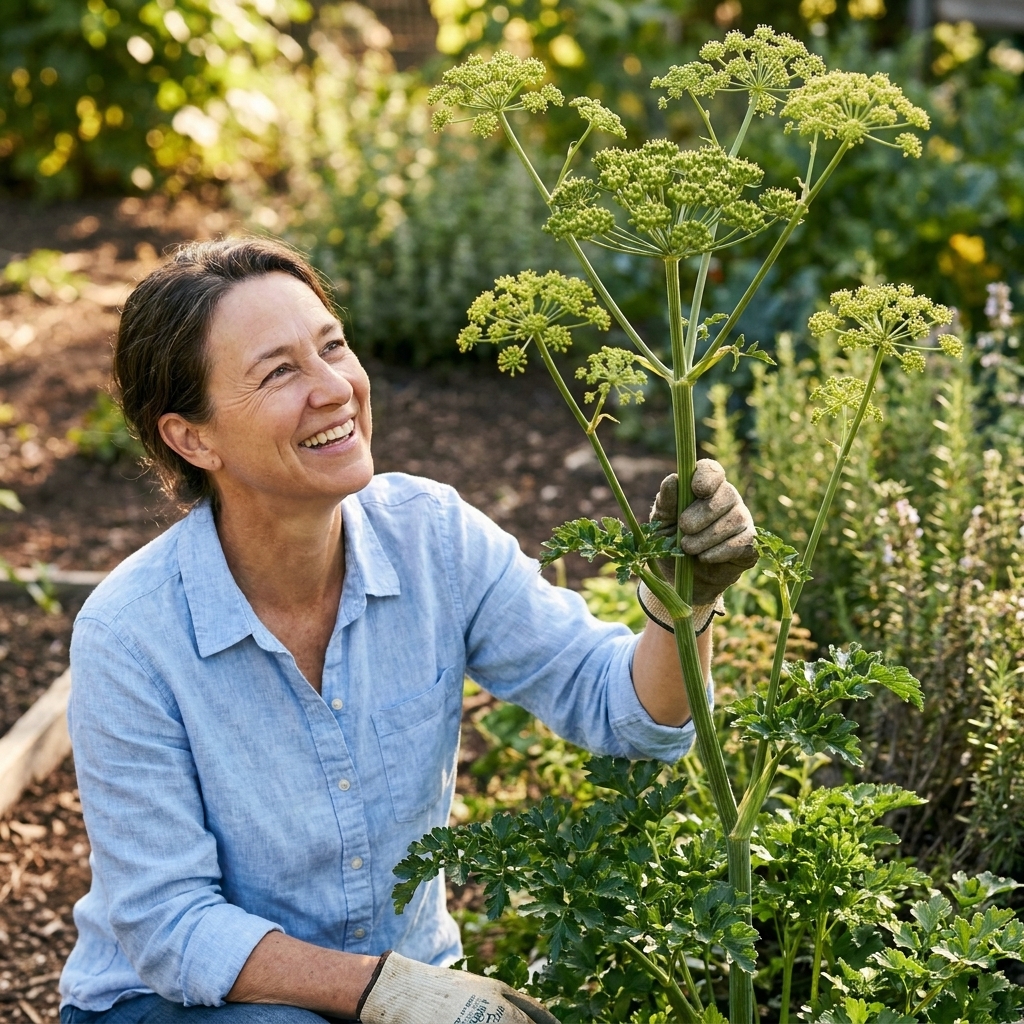 A parsley plant in its second year sending up a tall flower stalk with small greenish flower clusters above the leaves