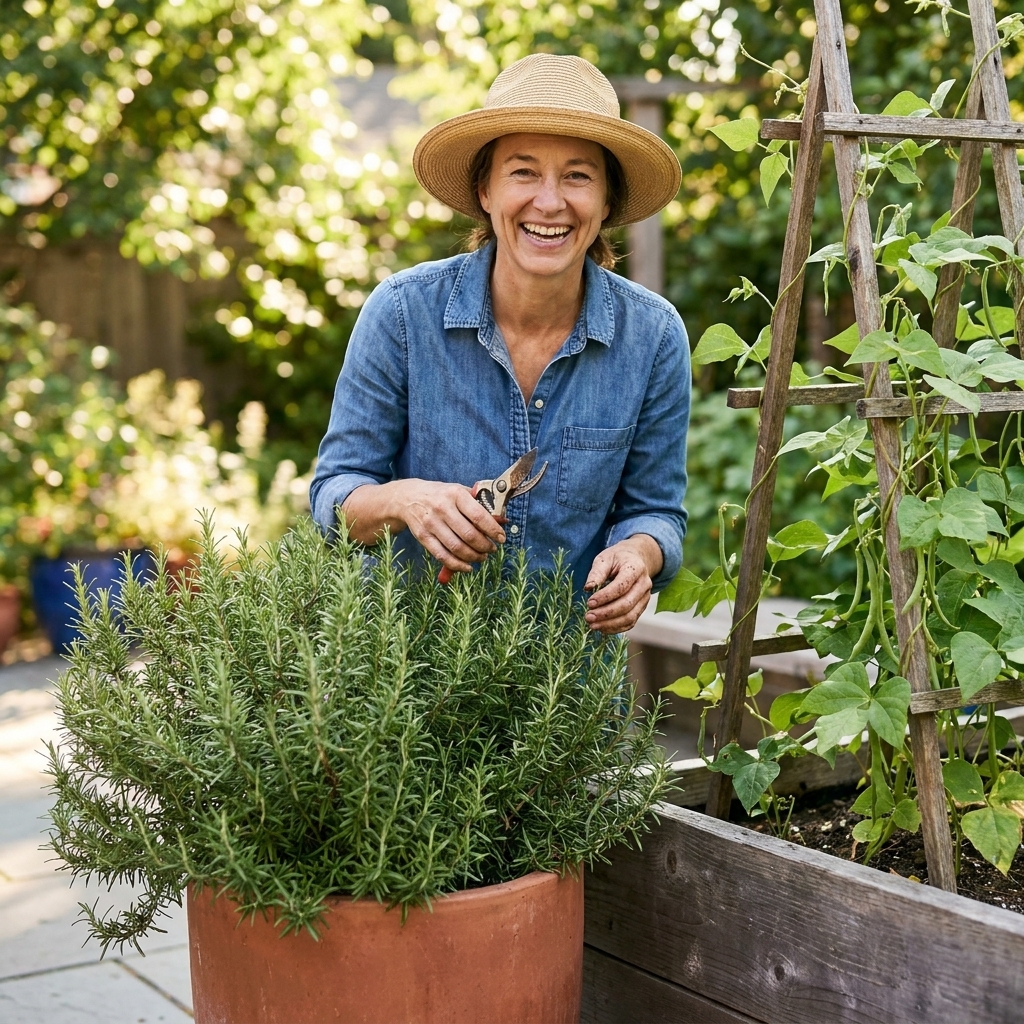 A patio container with a bushy rosemary plant placed beside a raised bed of green bean plants climbing a simple wooden trellis