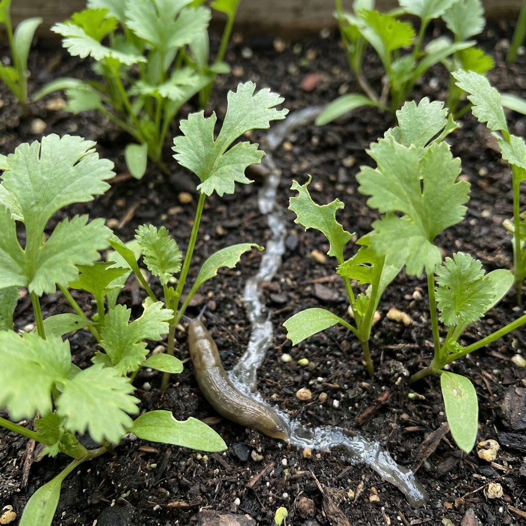 A photo of young cilantro seedlings in a garden bed with irregular chewed leaf edges and a visible slug trail on the soil