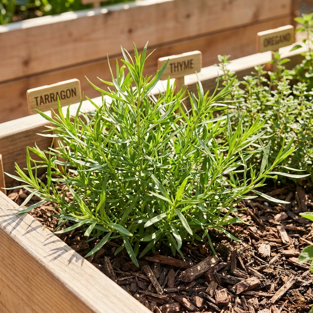 A photograph of a French tarragon plant growing in a sunny raised garden bed, surrounded by mulch and a few small herb markers in the background