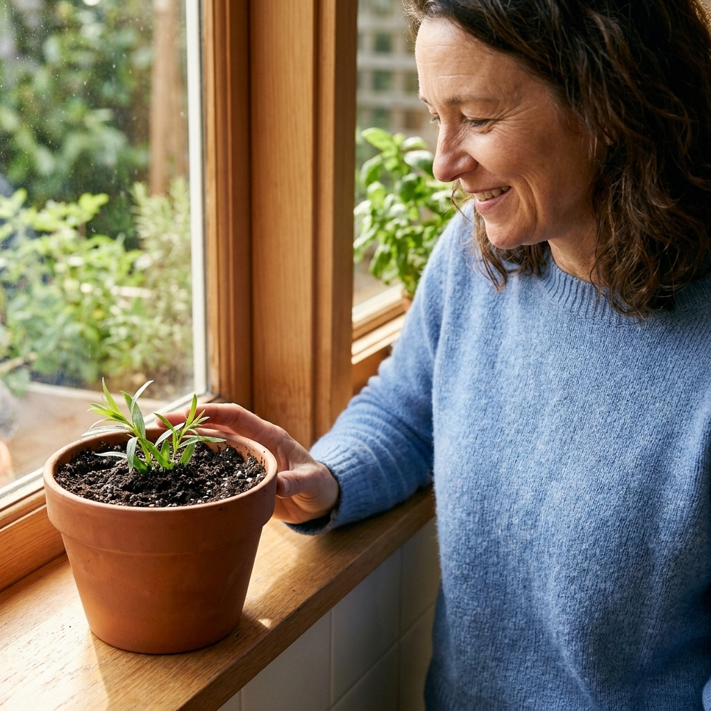 A photograph of a freshly planted tarragon cutting in a small terracotta pot filled with moist potting mix, sitting on a bright kitchen windowsill