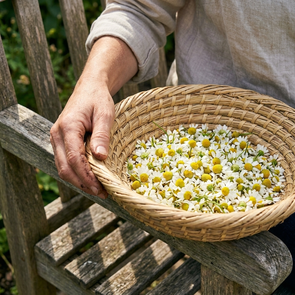A photograph of a gardener's hand holding freshly picked chamomile flower heads in a shallow woven basket on a wooden garden bench