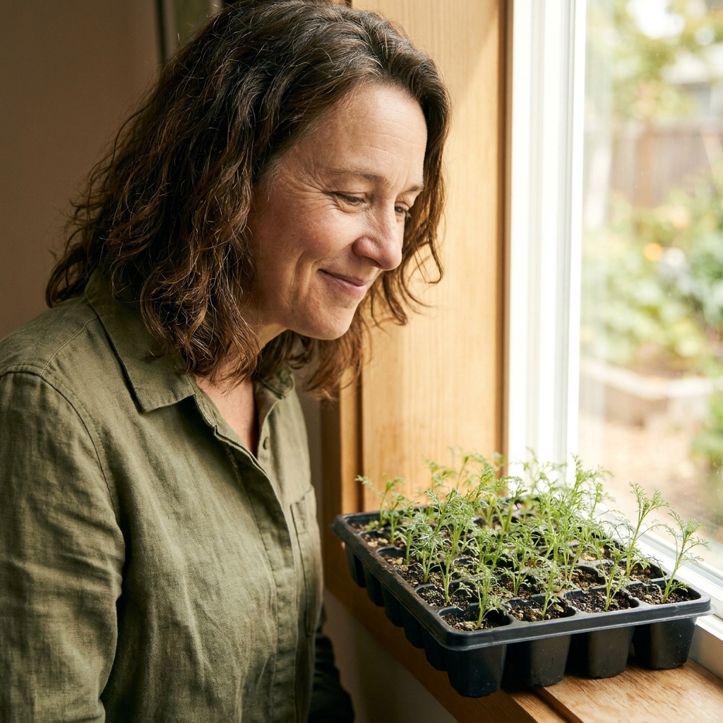 A photograph of tiny chamomile seedlings with delicate feathery leaves sprouting in a black seed-starting tray near a bright window