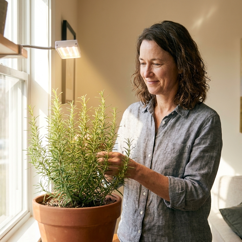 A potted rosemary plant indoors near a bright window with a small grow light shining down on the foliage