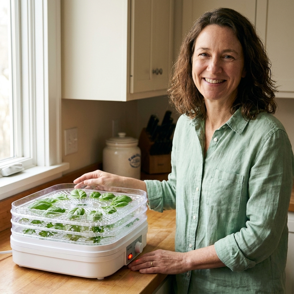 A real kitchen countertop with an electric dehydrator running, trays holding single layers of basil leaves and parsley sprigs