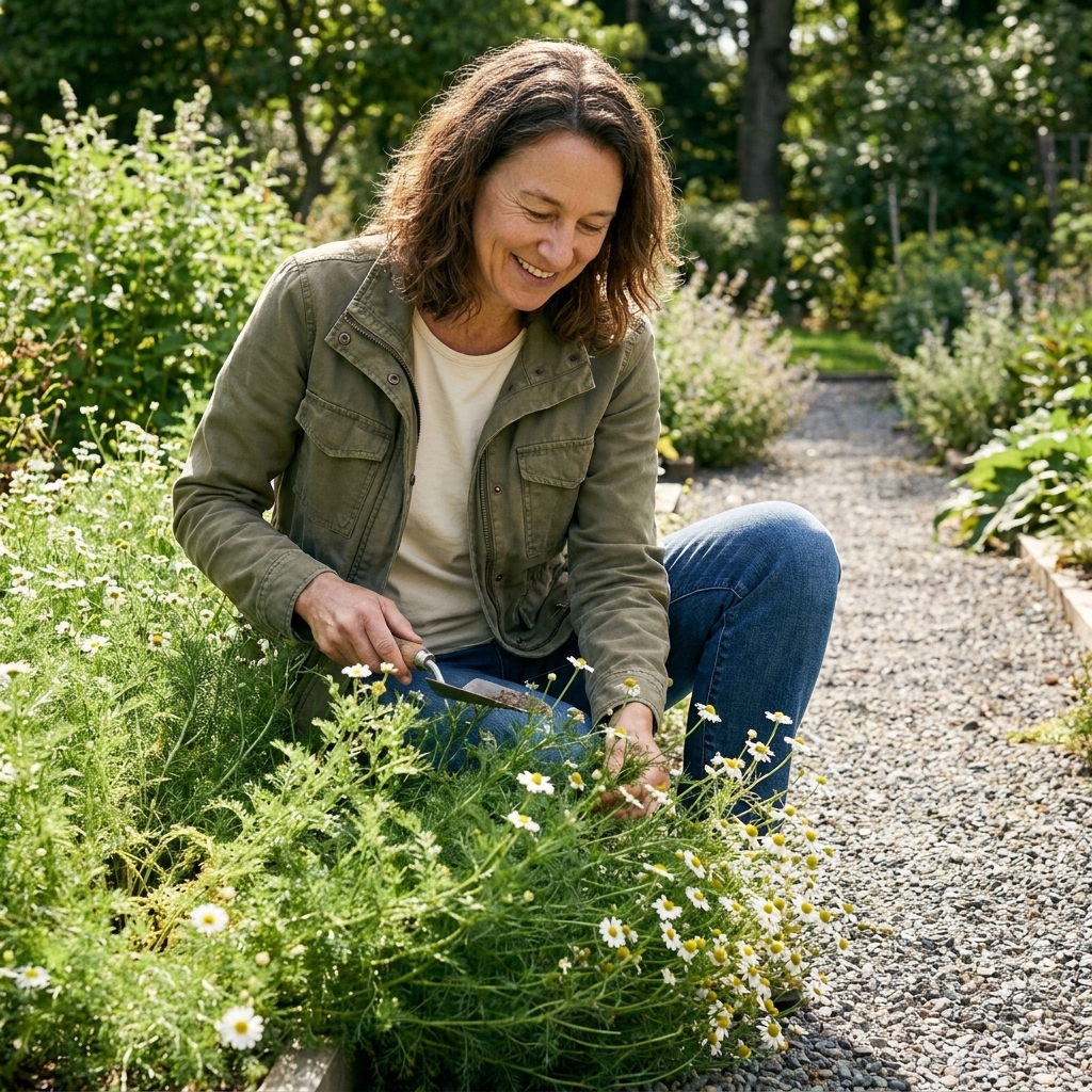 A real-life garden photograph of Roman chamomile forming a low, dense mat of green foliage with scattered white daisy-like flowers along the edge of a garden path