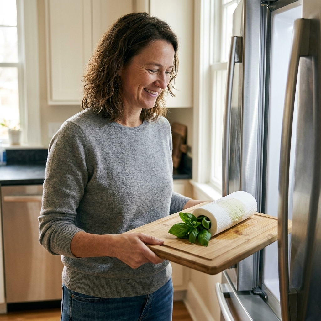 A real-life kitchen photo of basil sprigs wrapped in a slightly damp paper towel roll on a cutting board, ready to be placed in the refrigerator