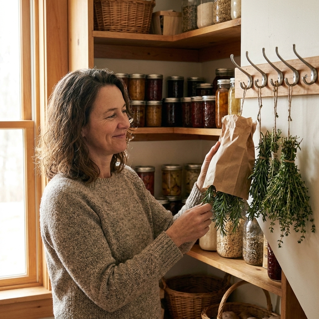 A real pantry corner with small bundles of rosemary and thyme hanging from hooks, with a paper bag loosely covering one bundle
