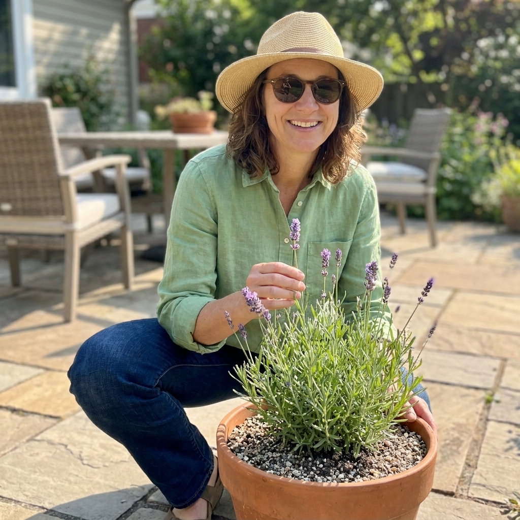A real photograph of a healthy English lavender plant growing in a terracotta pot on a sunny patio, with well-draining gritty soil visible at the surface