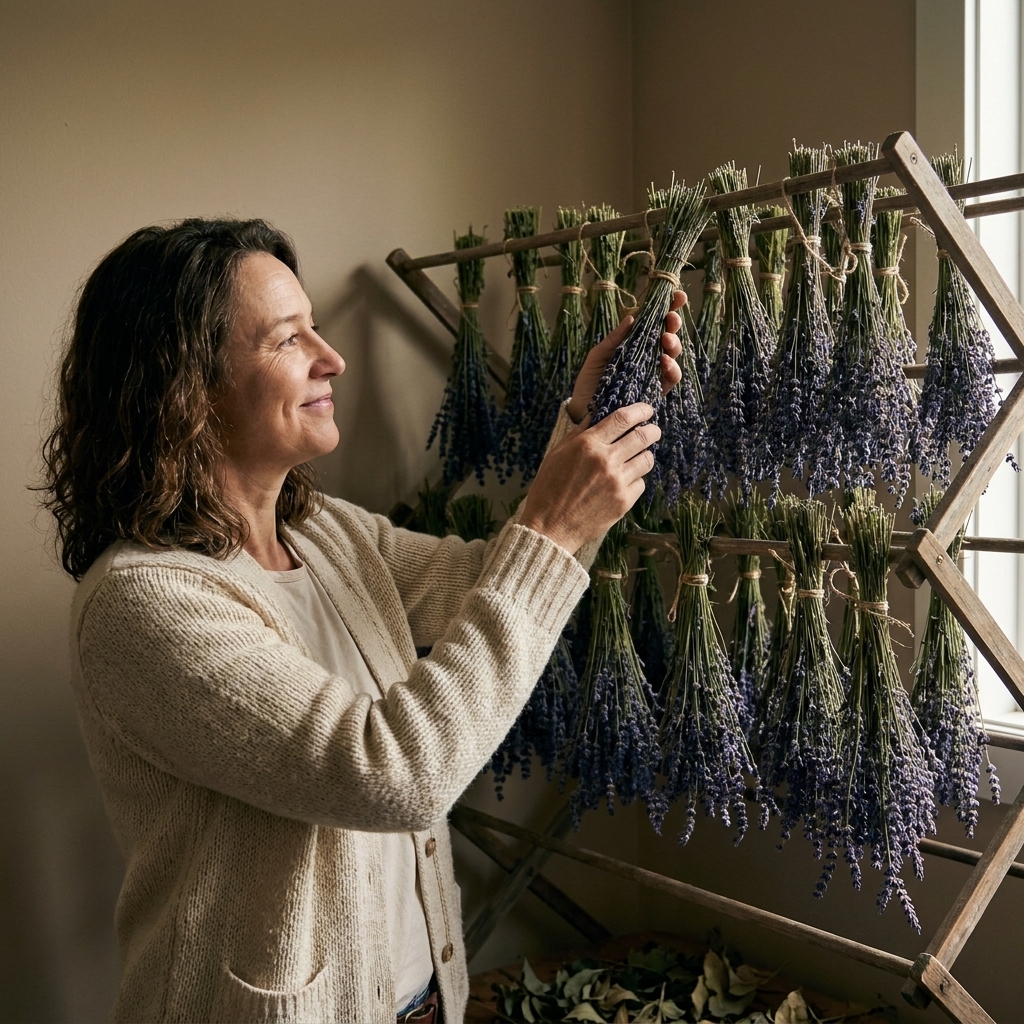 A real photograph of small bundles of lavender hanging upside down from a simple rack in a shaded indoor corner, with good airflow and no direct sunlight
