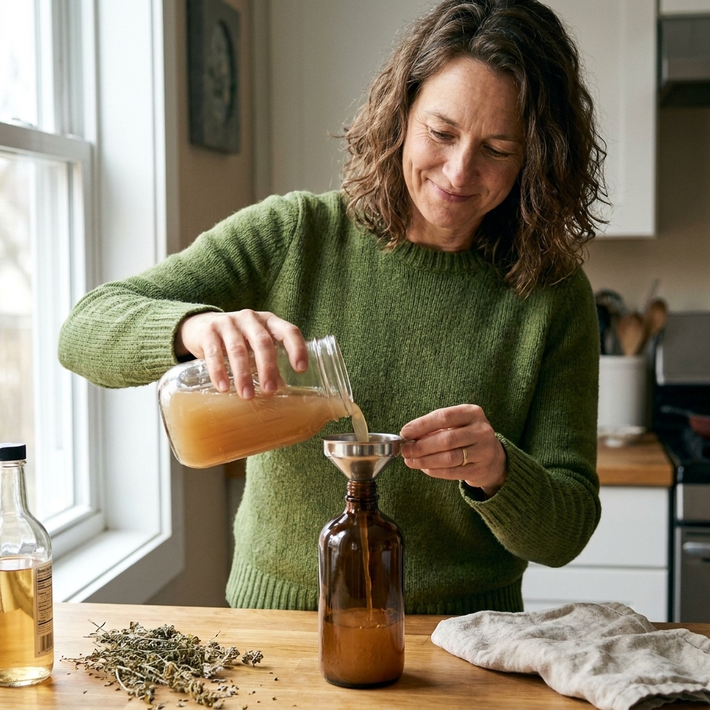 A reusable amber glass spray bottle being filled with diluted herb-infused vinegar using a small funnel on a kitchen counter
