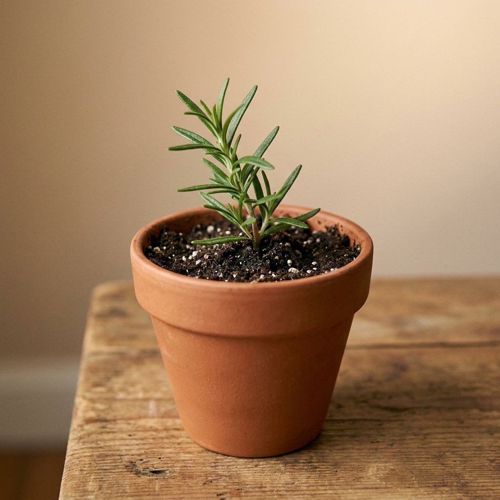 A rosemary cutting planted in a small nursery pot with lightly moist soil, sitting under soft indoor light