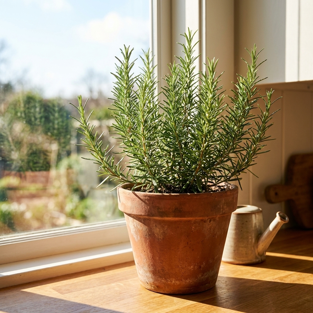 A rosemary plant in a clay pot sitting on a bright south-facing kitchen windowsill with strong daylight