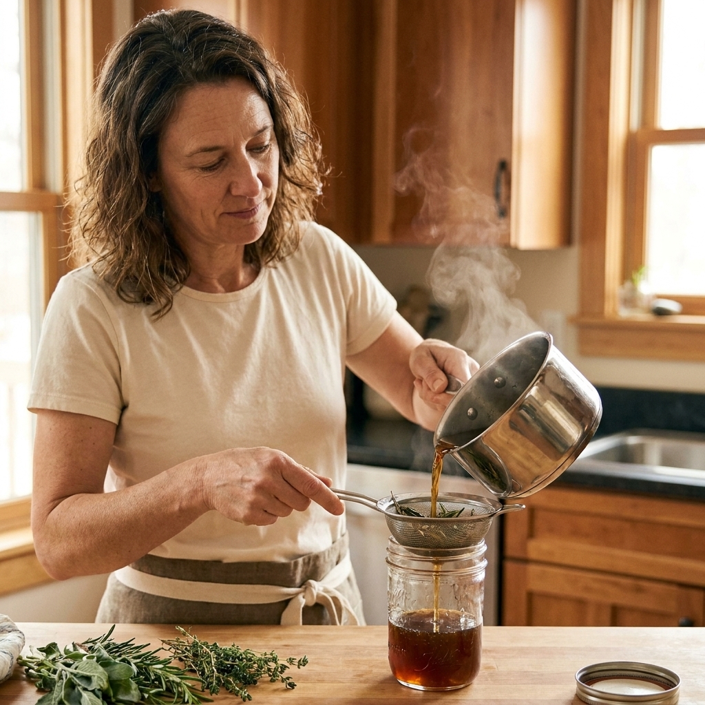 A saucepan of warm herb syrup being poured through a fine-mesh strainer into a glass jar on a kitchen counter