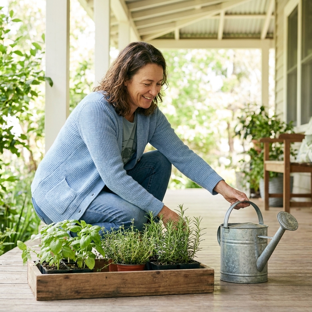 A shallow tray of herb seedlings placed on a covered porch in bright shade, with a watering can nearby