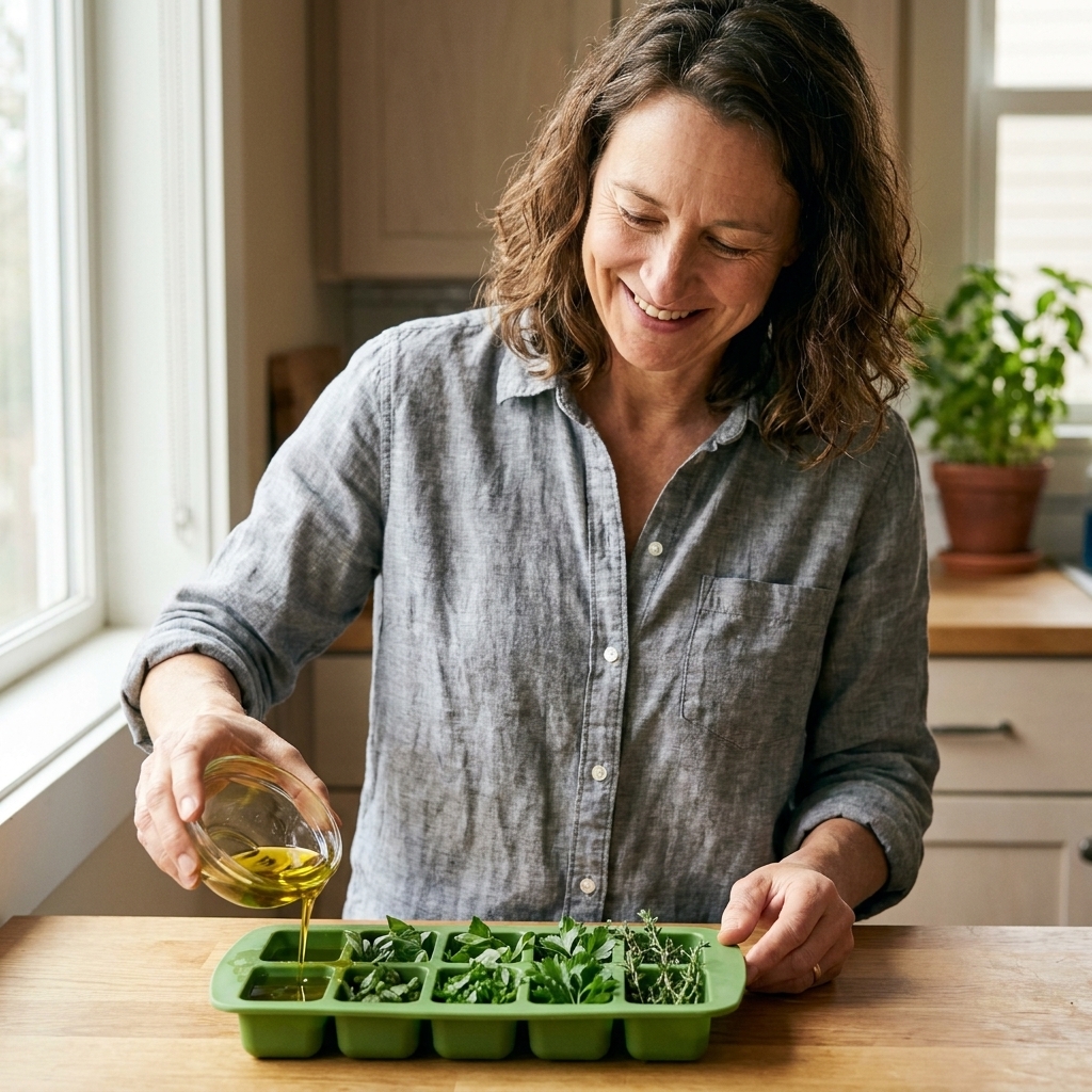 Freeze Fresh Herbs in Ice Cube Trays (Olive Oil or Water)
