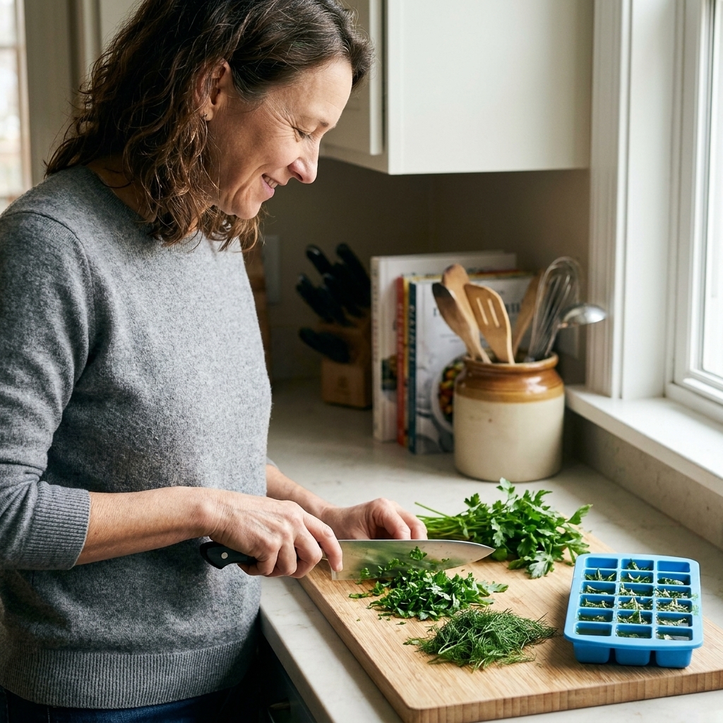 A silicone ice cube tray on a cutting board with chopped parsley and dill nearby