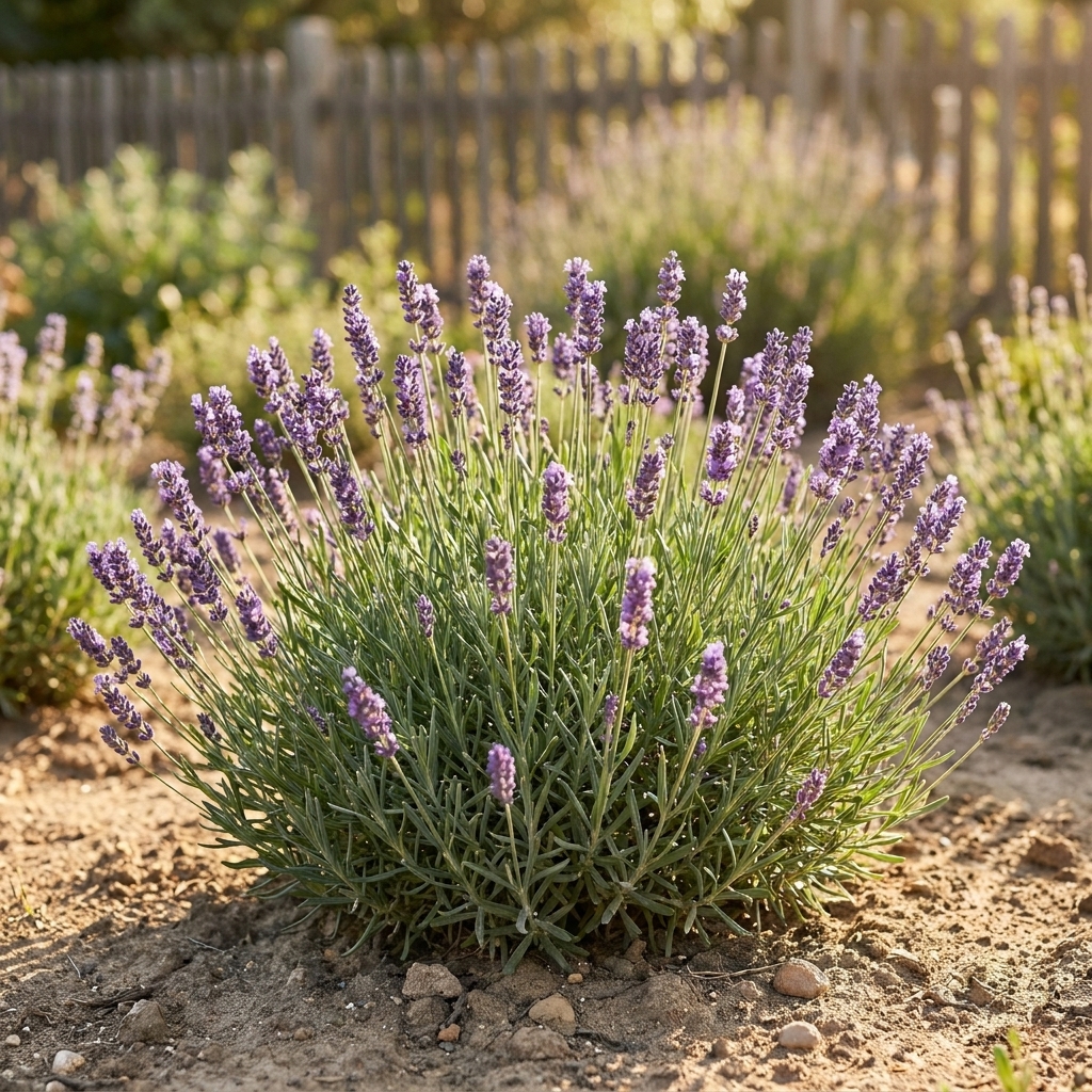 A single mature Munstead English lavender plant growing in a sunny garden bed, with rounded shape, narrow gray-green leaves, and fresh purple flower spikes