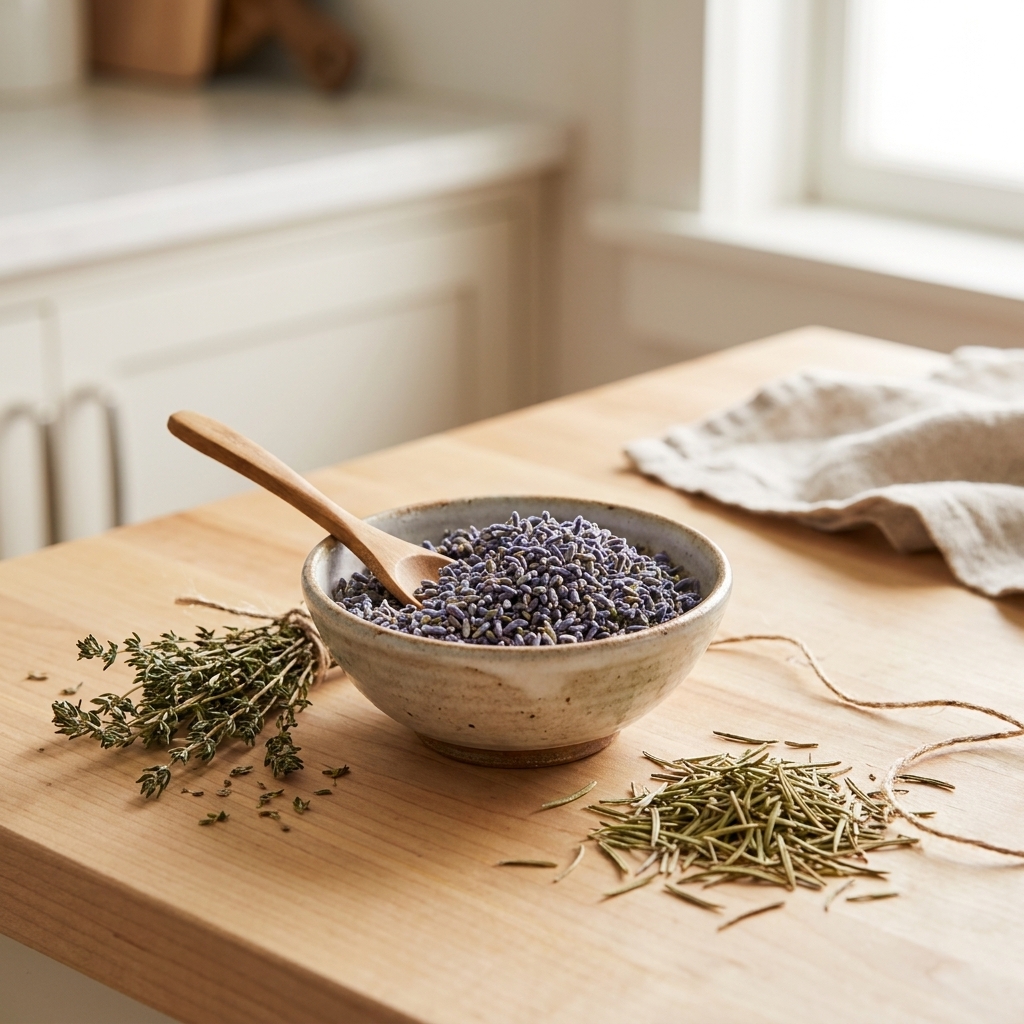 A small bowl of dried culinary lavender buds next to dried thyme and rosemary on a light kitchen table
