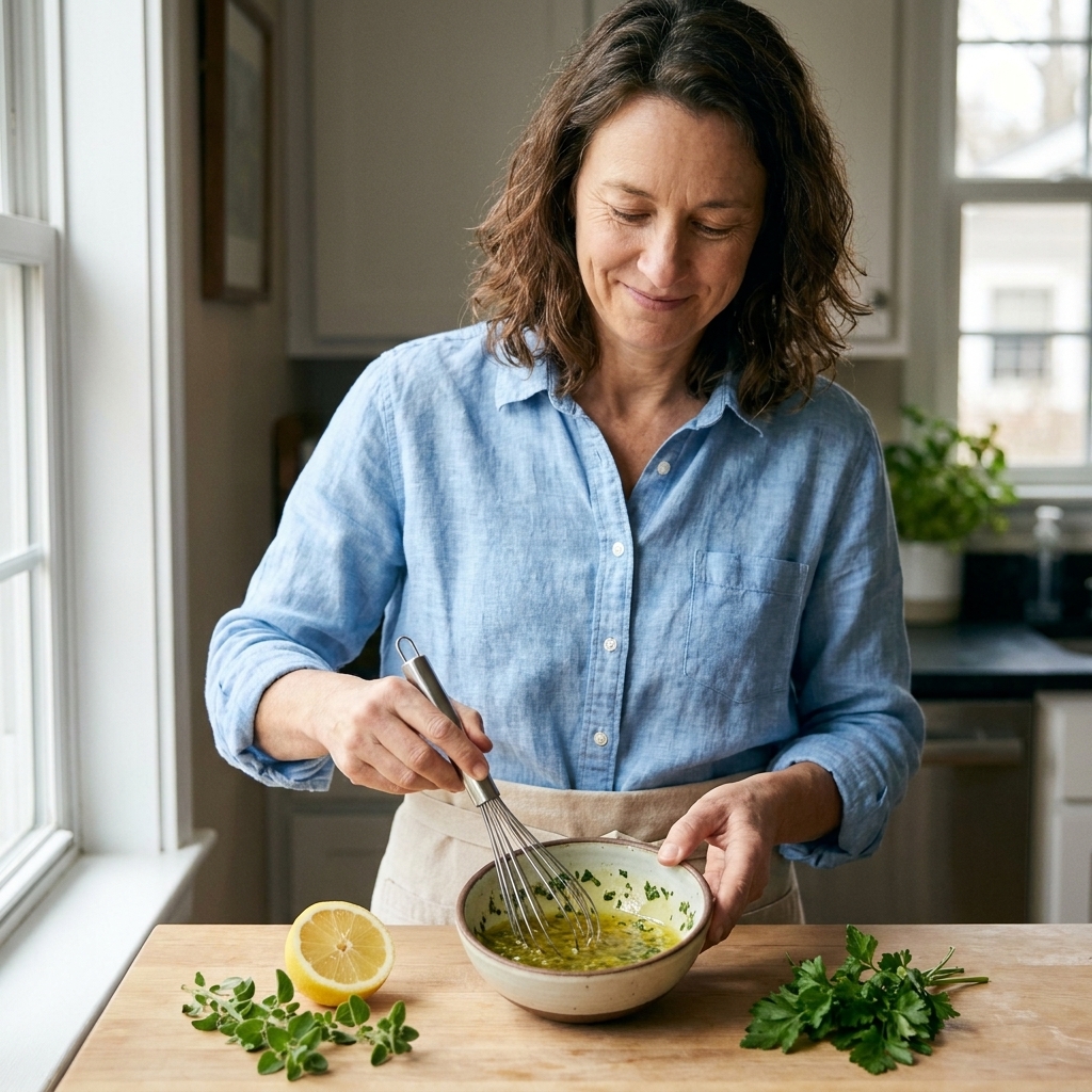A small bowl of oregano lemon marinade being whisked, with chopped oregano and parsley floating in olive oil and lemon juice