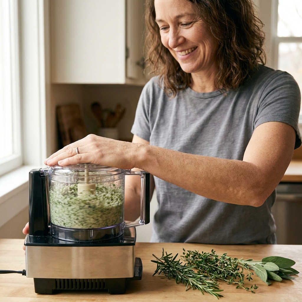 A small food processor bowl filled with green-speckled herb salt mid-blend, with fresh herb sprigs on the counter beside it