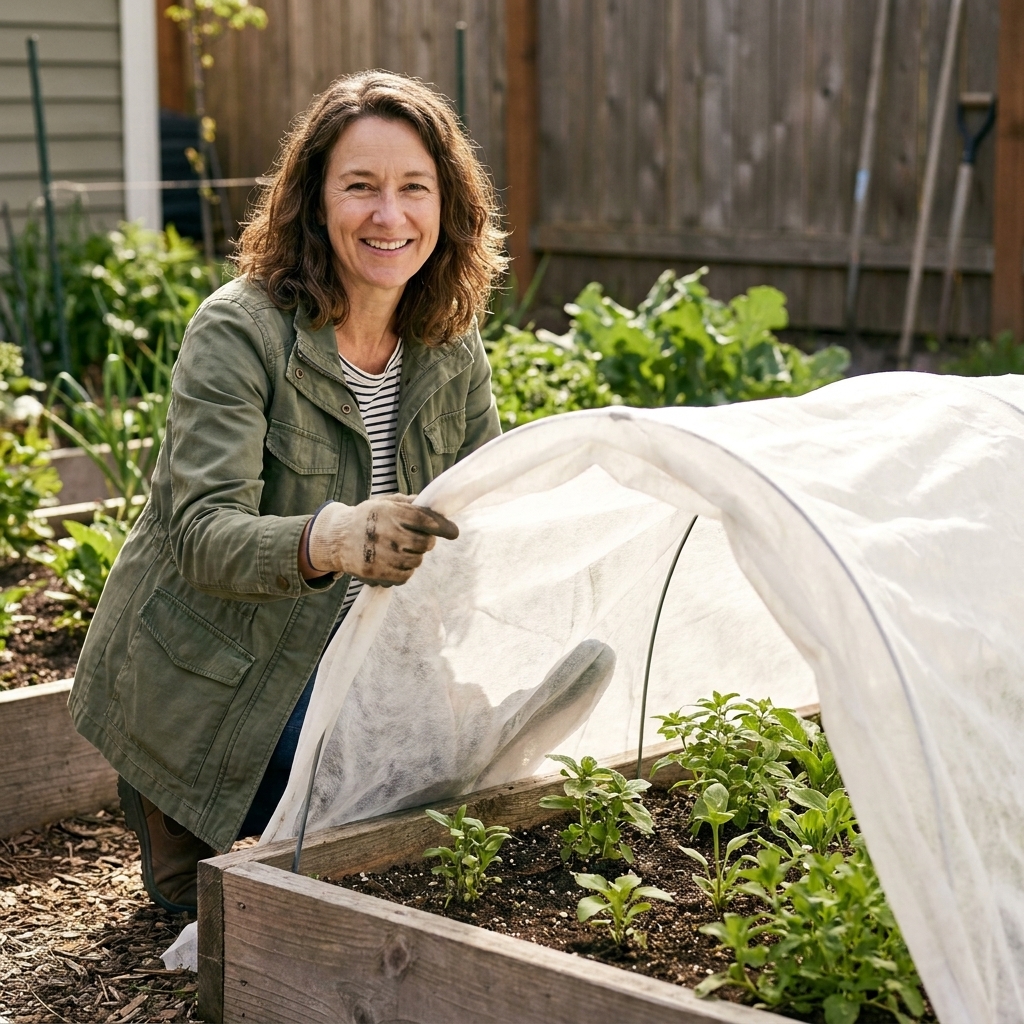 A small garden bed with young herb seedlings covered by lightweight white fabric row cover draped over low hoops