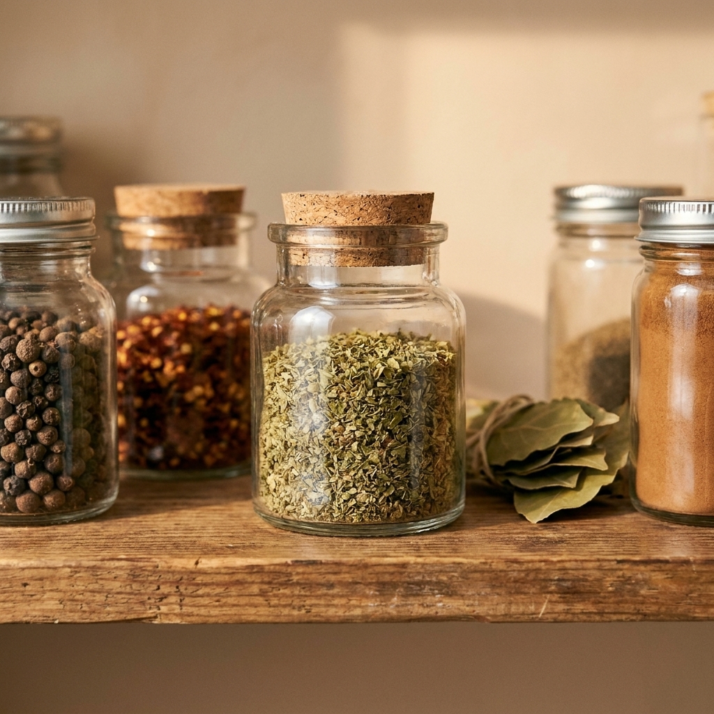 A small glass jar filled with dried green herb flakes sitting on a wooden pantry shelf beside other spices