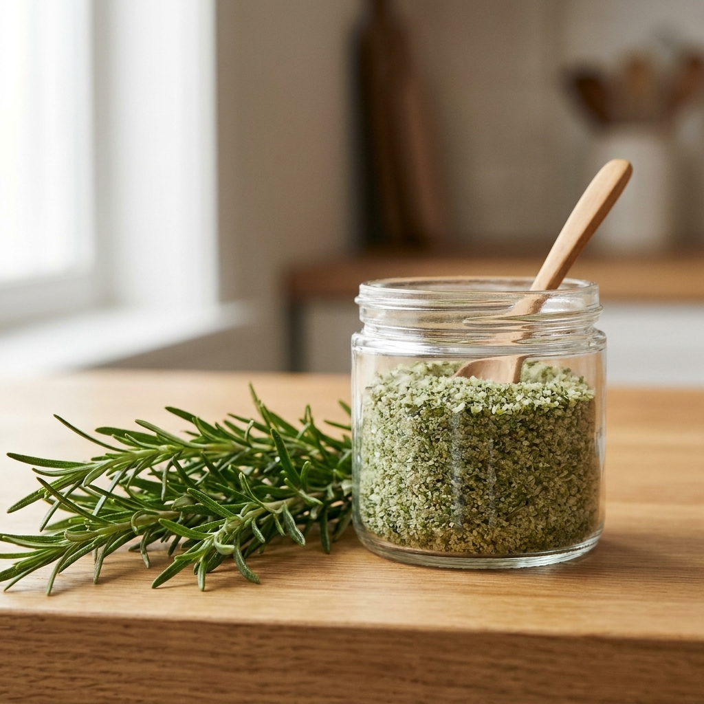 A small glass jar filled with green-speckled homemade herb salt sitting on a kitchen counter with rosemary sprigs nearby