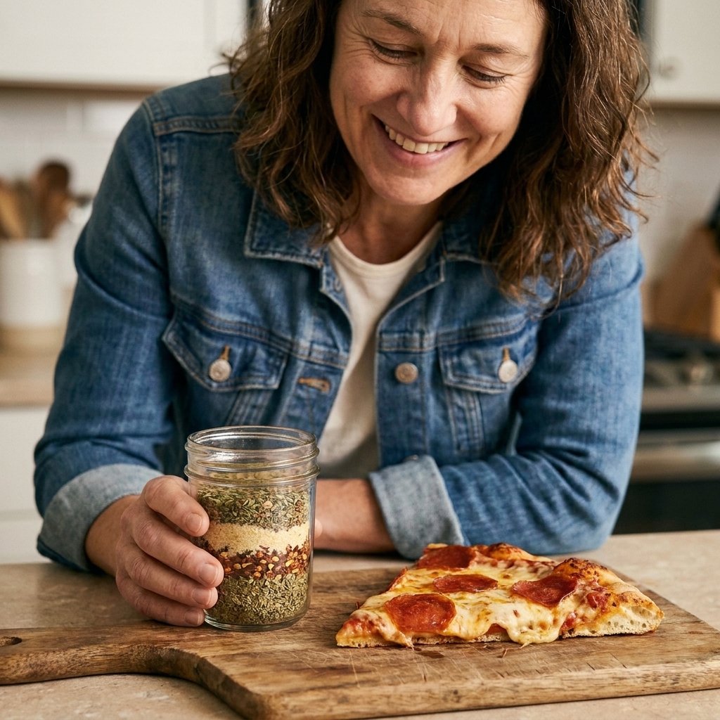 A small glass jar of homemade pizza seasoning with dried oregano and red pepper flakes visible, sitting beside a slice of pizza on a wooden board