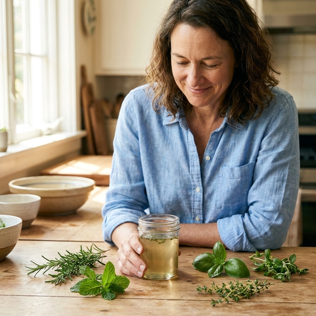 A small glass jar of pale golden herb-infused simple syrup on a wooden kitchen counter with fresh rosemary, mint, basil, and thyme sprigs scattered nearby