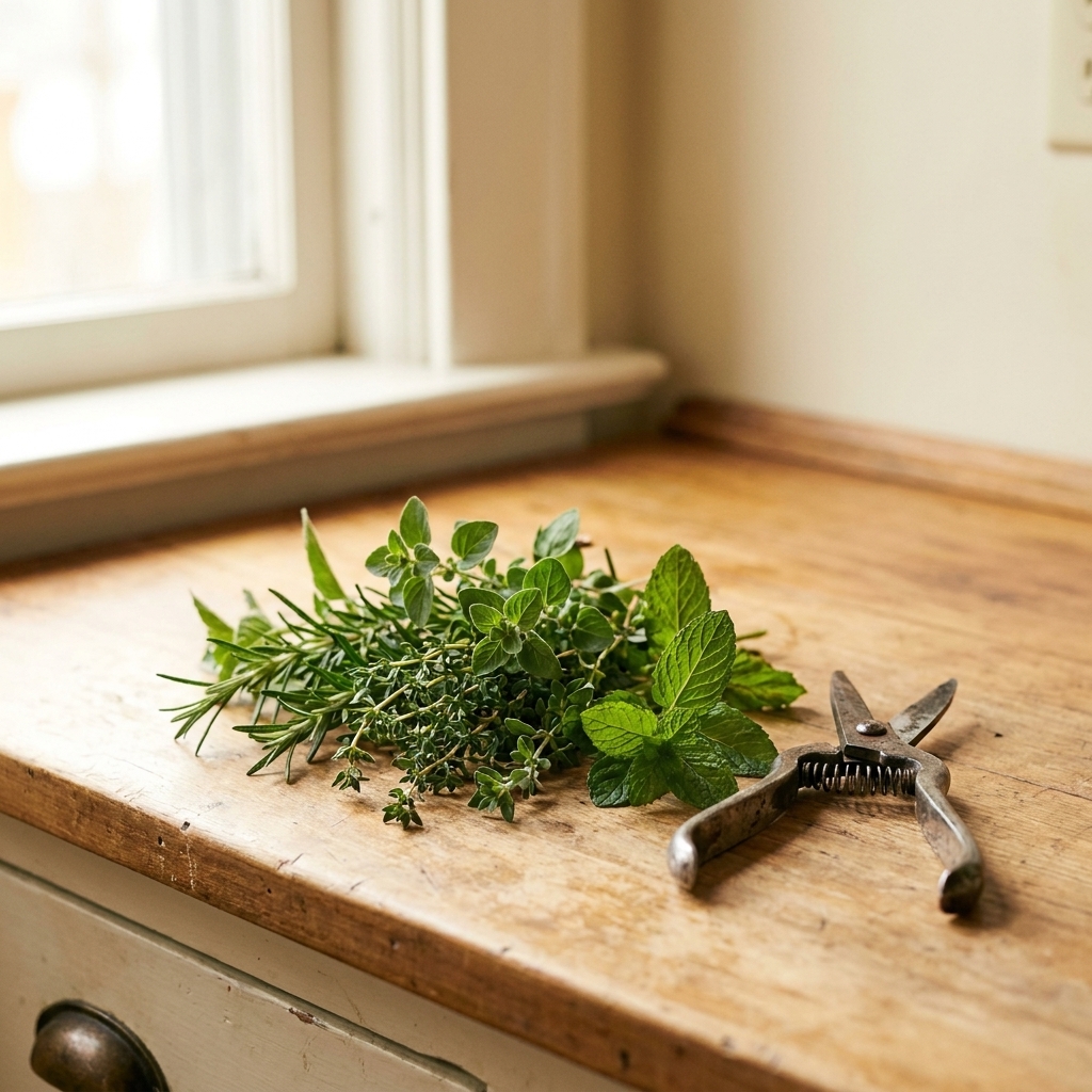 A small pile of mixed herb cuttings and garden snips resting on a wooden kitchen counter near a bright window