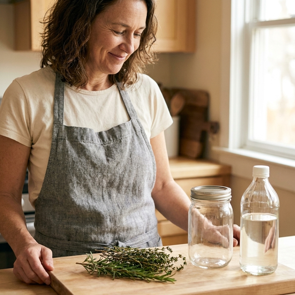 A small pile of woody rosemary and thyme stems on a cutting board beside a clean empty jar and a bottle of white vinegar