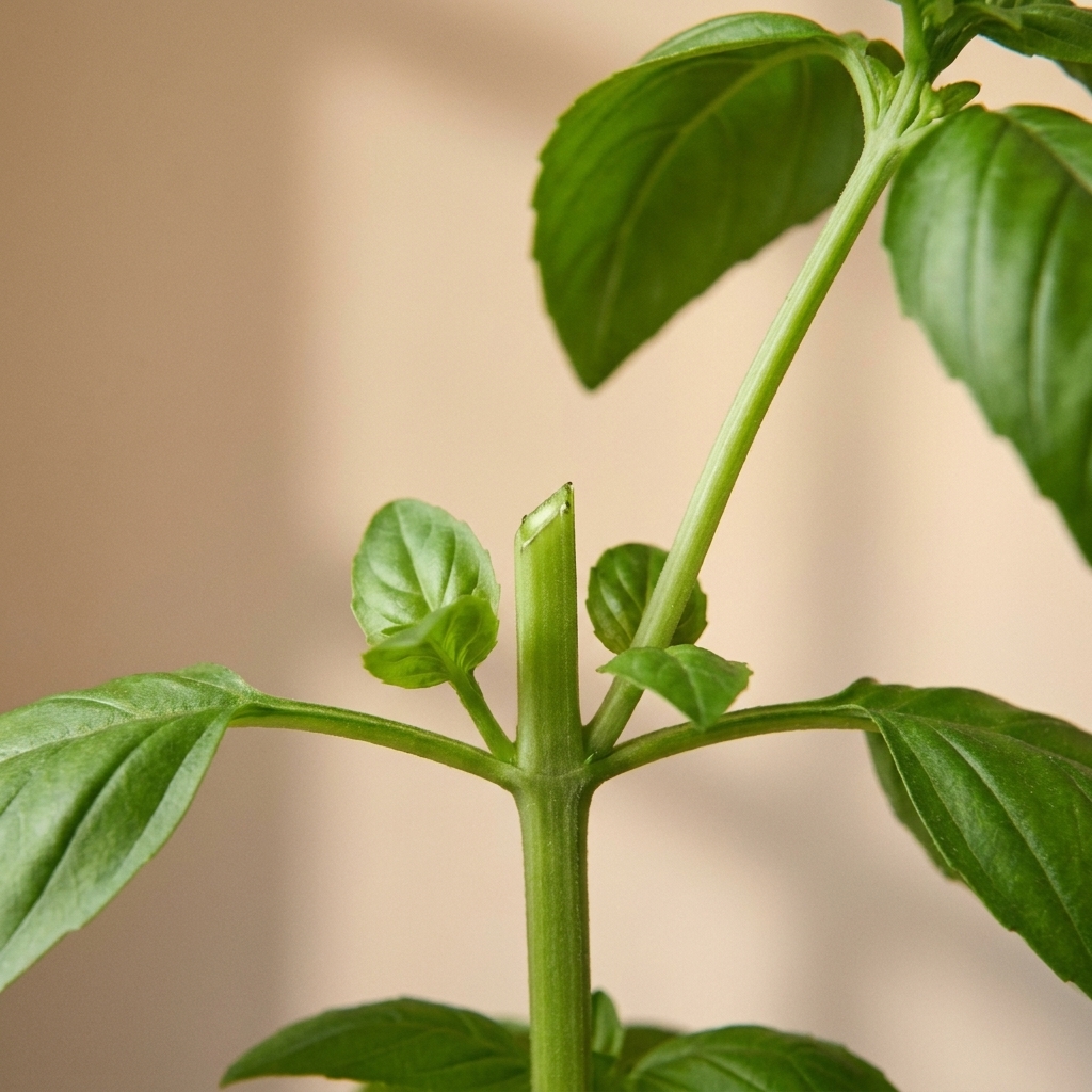 A sweet basil stem with a clean snip made just above a leaf node where two small side shoots are forming