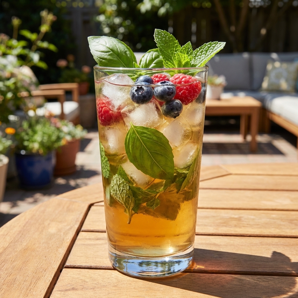 A tall glass of iced herbal tea with fresh basil and mint leaves and a few berries floating near the top on a sunny patio table