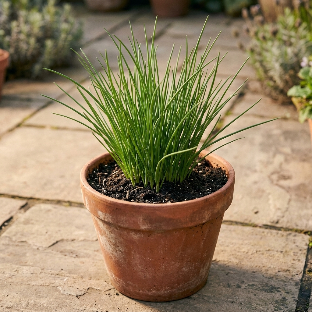A terracotta pot on a patio filled with a dense tuft of green chive leaves growing upright in fresh potting soil